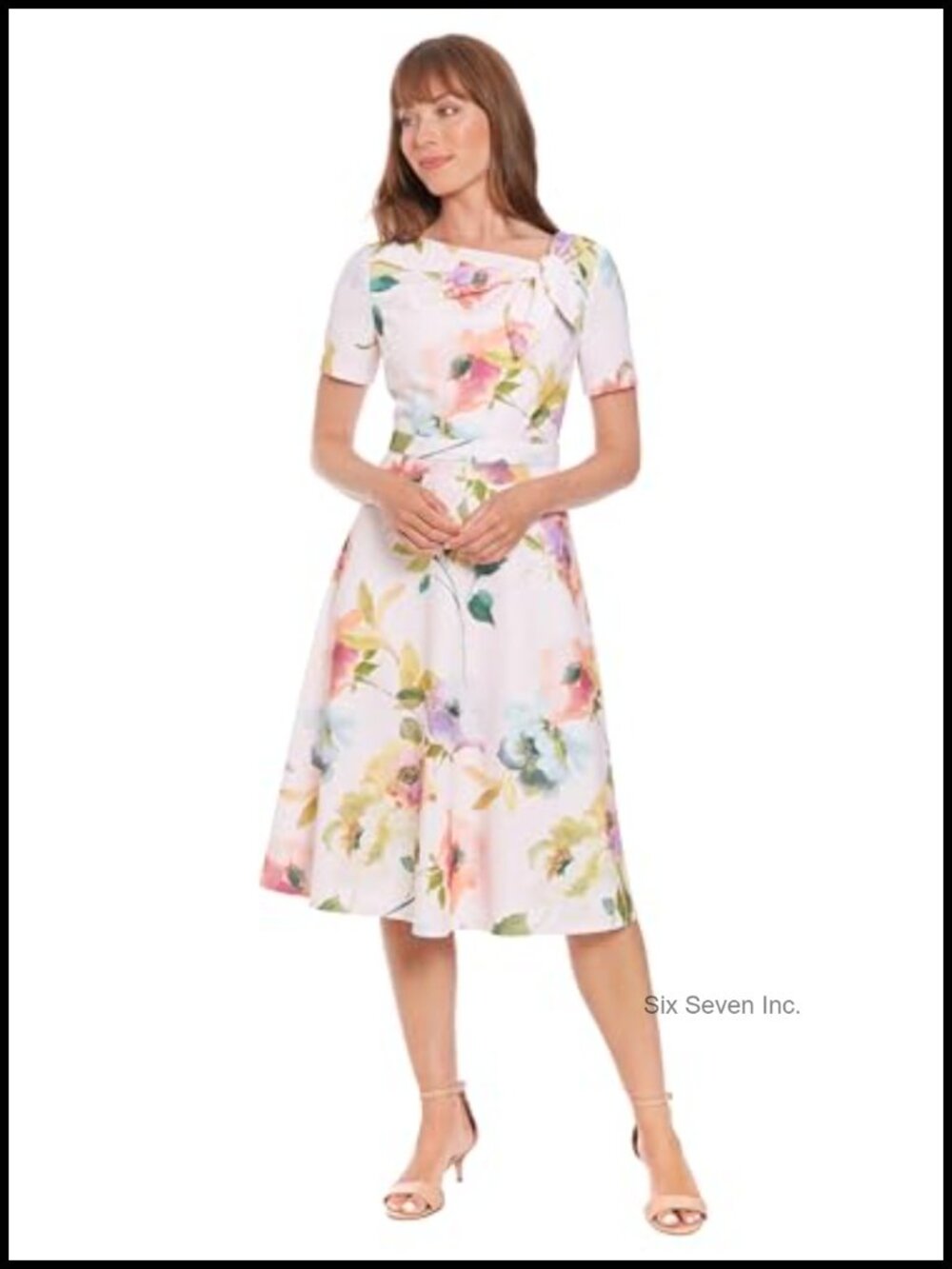 A-Line Midi Dress Short Sleeve Fitted Waist Bow Detail Floral